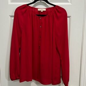 Ann Taylor Loft Solid True Bright Red Half Button Blouse Top.